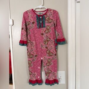 Flit & Flitter Pink/Teal 100% Cotton Knit Ruffled Long Sleeve Coverall-24Mos